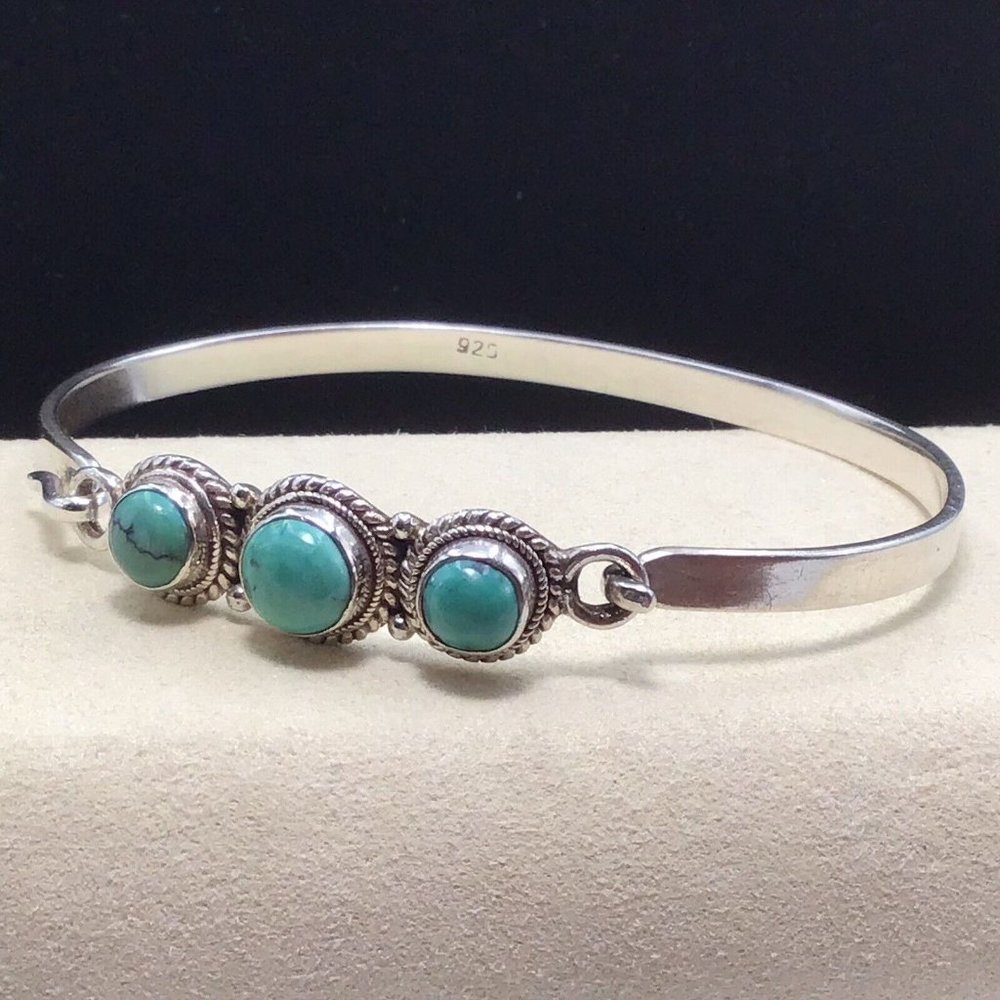 Steling Silver Turquoise Bangle Bracelet Hook Closure 12.8g Size 7 - Picture 6 of 12